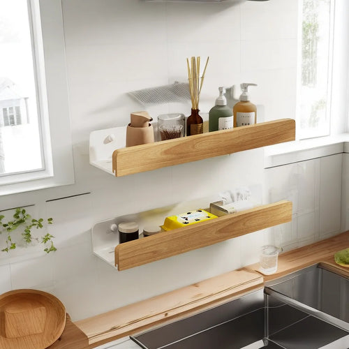 Wooden Kitchen Shelves，Kitchen Spice Rack，Wall-Mounted Punch-Free, Wall wood Storage Shelf， kitchen organizer corner shelf - vue 2 sur 7