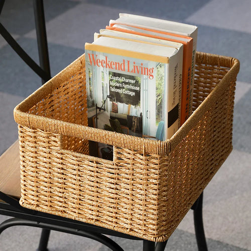 Strong Rectangle Woven Storage Basket with Handles, Waterproof Plastic Baskets for Home Toy Storage, Nest - vue 2 sur 15