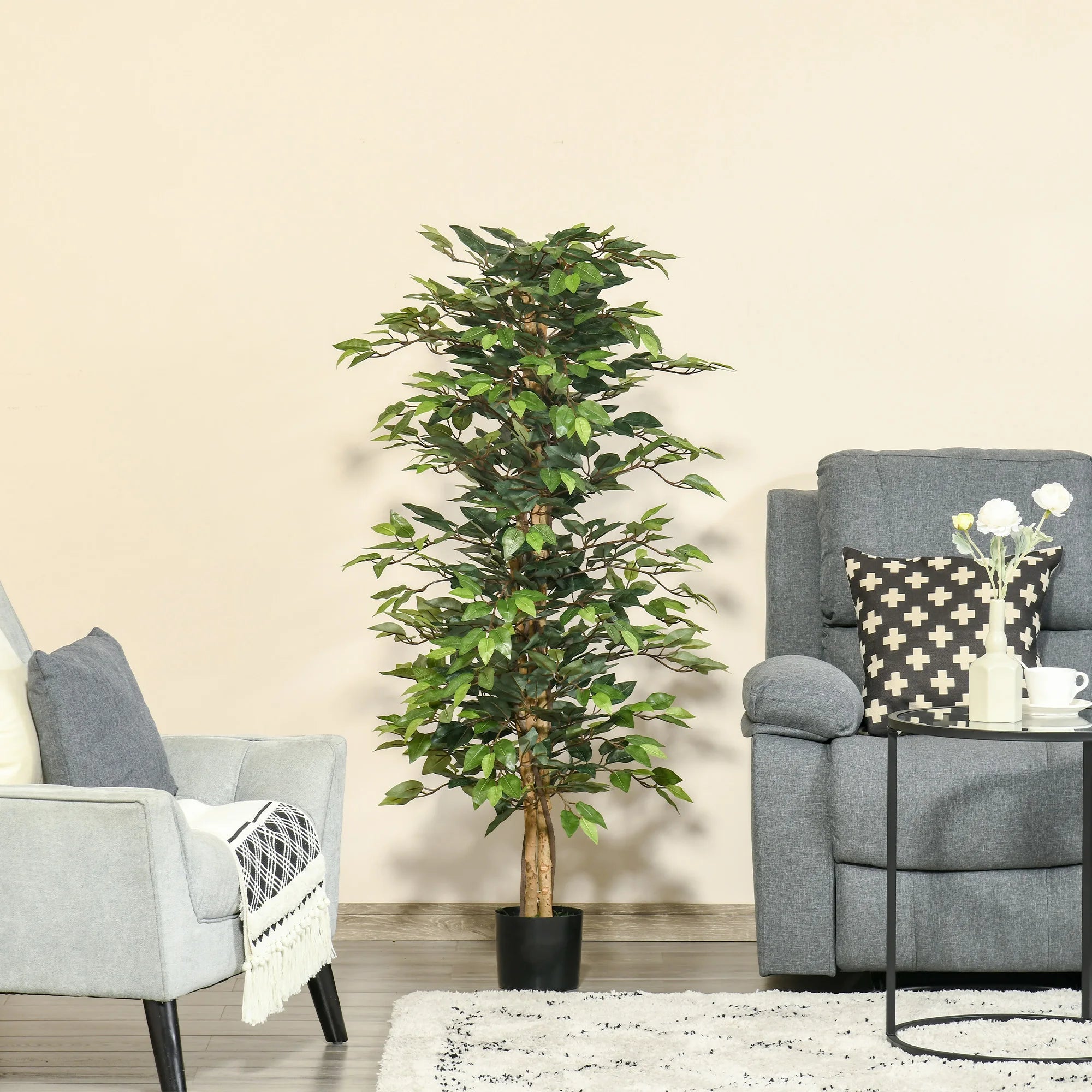 ficus artificiel avec pots en bûches et 1008 feuilles vertes - vue 4 sur 7