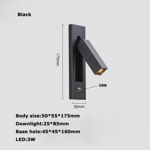 LED Brass Black Wall Lamp Wall Light Wall Sconce Wall Mounted Reading Light with Switch and USB Port, Rotatable For Bedroom - vue 16 sur 23