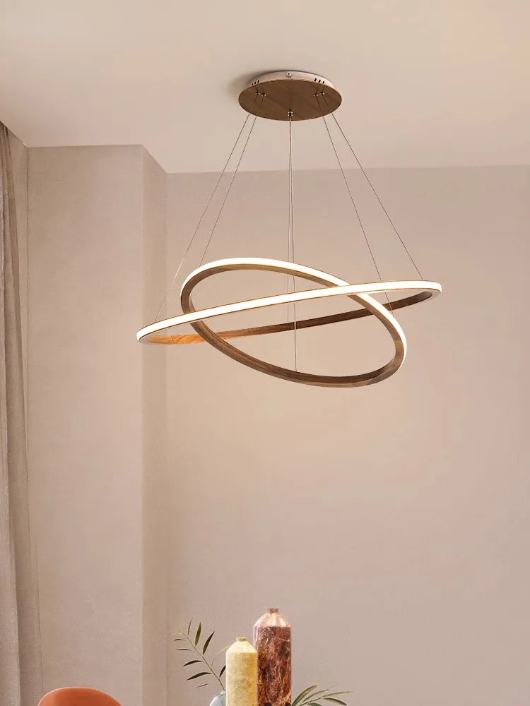 lustre led design moderne en bois anneau décoration rétro