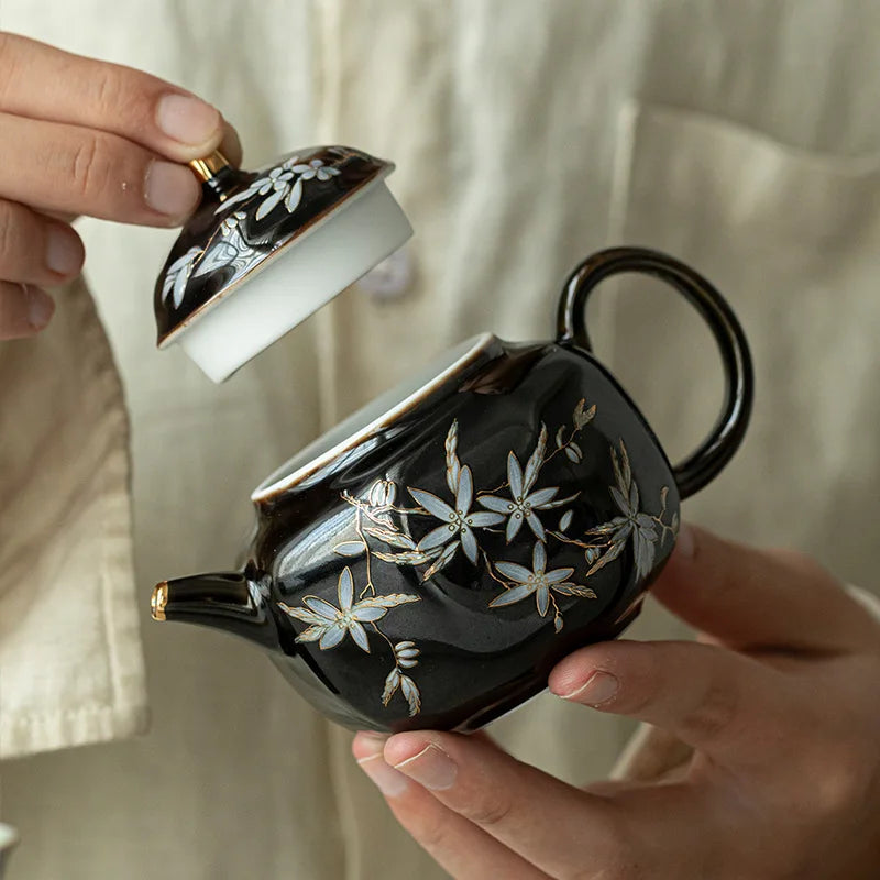 Théière céramique rétro kung fu motif abricot filtre - vue 5 sur 7