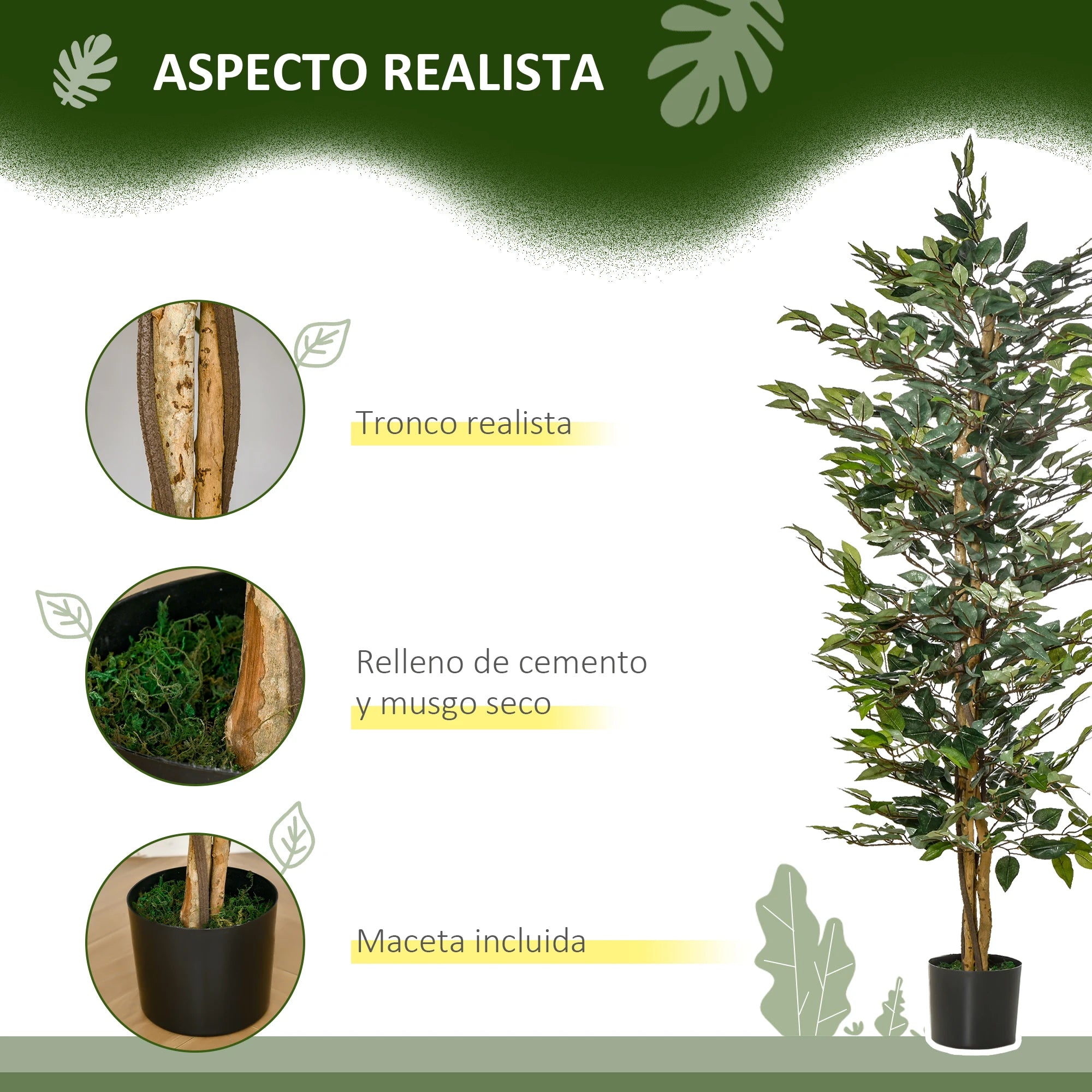 ficus artificiel avec pots en bûches et 1008 feuilles vertes - vue 5 sur 7