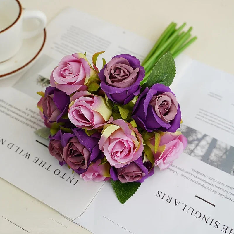 bouquet de roses artificielles en soie décoration florale pour table - vue 7 sur 15