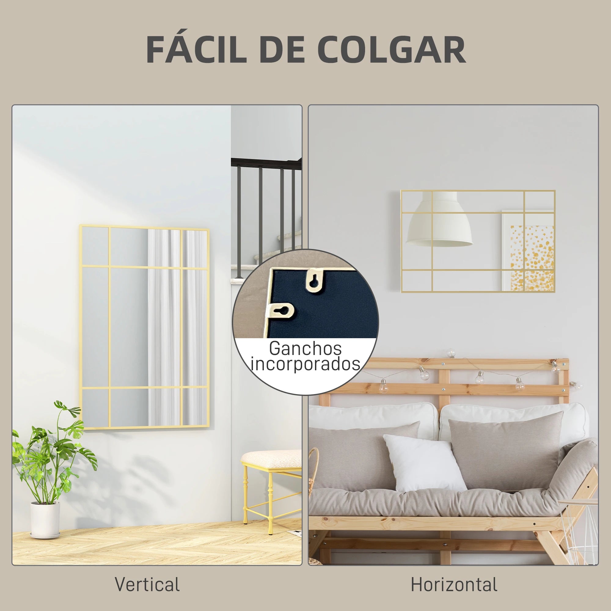 miroir mural rectangulaire avec cadre en métal doré - vue 6 sur 7