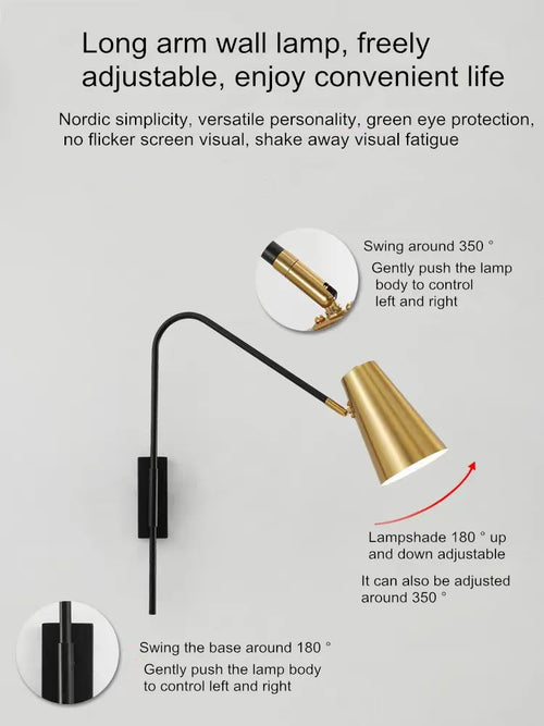 Minimally Adjustable Bedroom Bedside Wall Lamp, Long Arm Dining Room Wall Lamp, Nordic Long Pole Industrial Style Swing Arm Lamp