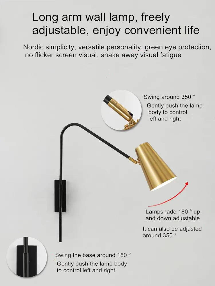 Minimally Adjustable Bedroom Bedside Wall Lamp, Long Arm Dining Room Wall Lamp, Nordic Long Pole Industrial Style Swing Arm Lamp - vue 6 sur 12