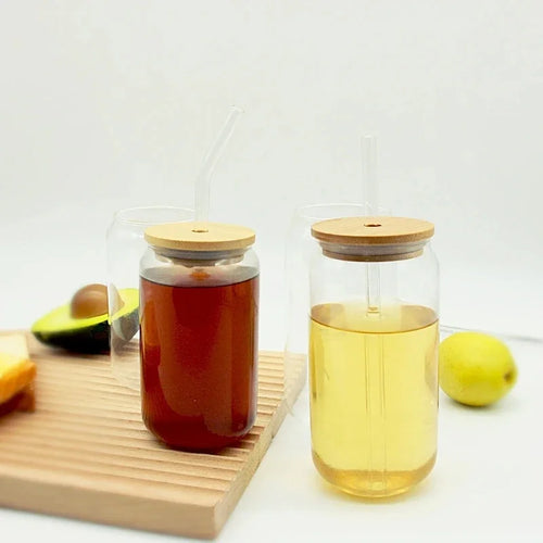 Tasse verre canette couvercle bambou paille borosilicate