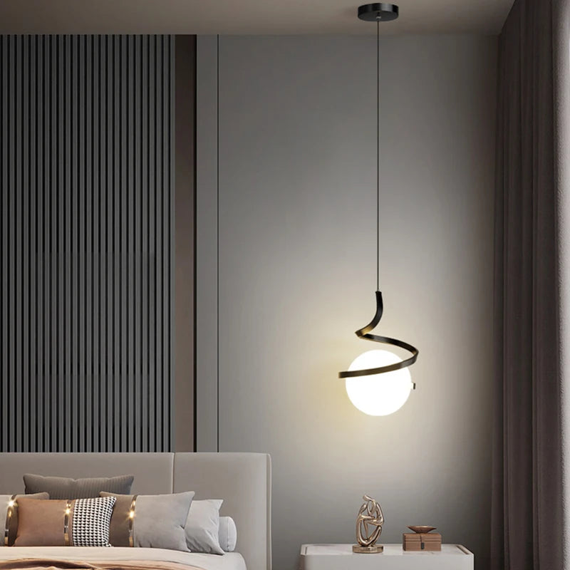Nordique décoration de la maison spirale suspension LED haut plafond lampes suspendues pour éclairage de chevet noir blanc or verre abat-jour - vue 3 sur 9