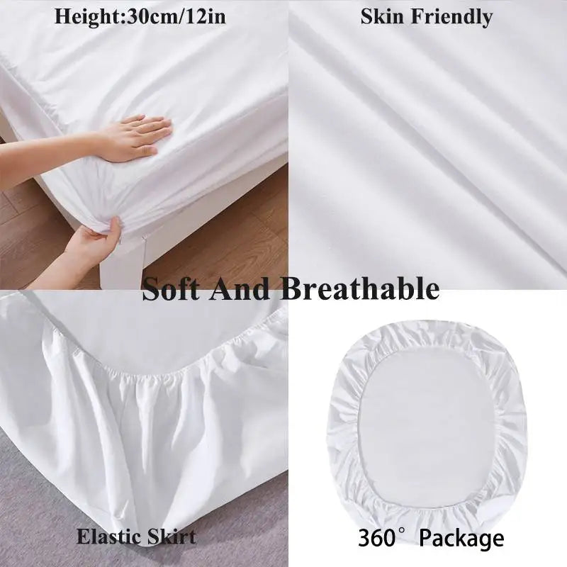 Waterproof Fitted Sheet Bedding Cover Bed Cloth Solid Color Mattress ,Soft Breathable Noiseless Bed Cover Deep Pocket Large size - vue 4 sur 14