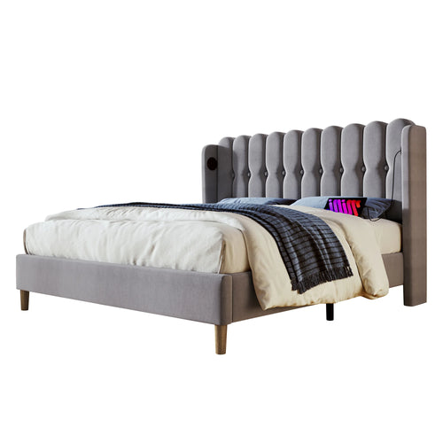 Cushion Bed Double with USB Type C Charging, Slatted Frame, Upholstered, Gray, 140x200 cm, Youth/Guest Room, Linen - vue 7 sur 6