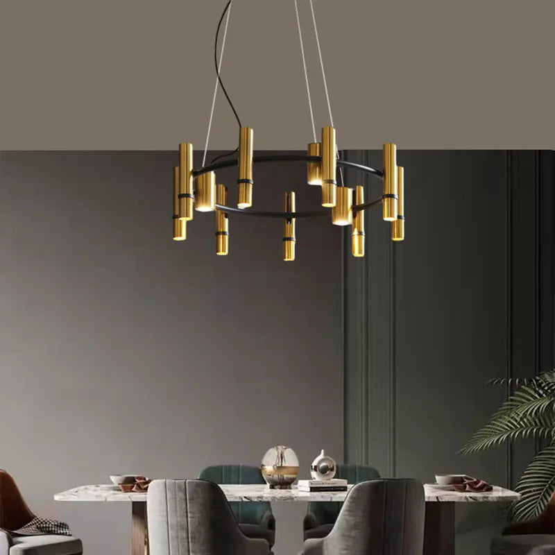 lustre en métal doré avec anneau noir réglable pour divers espaces - vue 3 sur 7