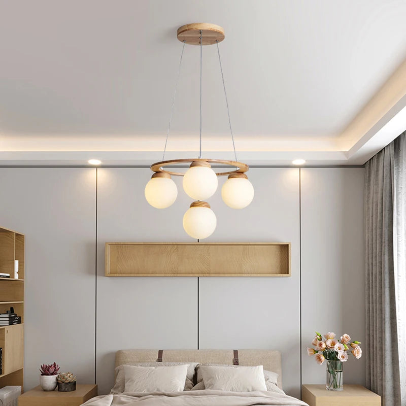 suspension en bois avec boule de verre design moderne - vue 4 sur 13