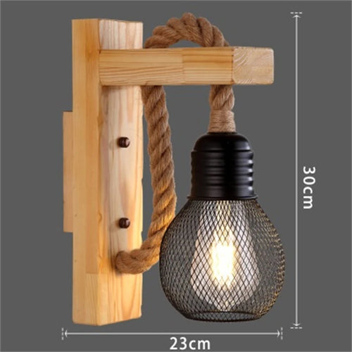 Vintage industrial wood and hemp rope LED wall light loft - vue 12 sur 15