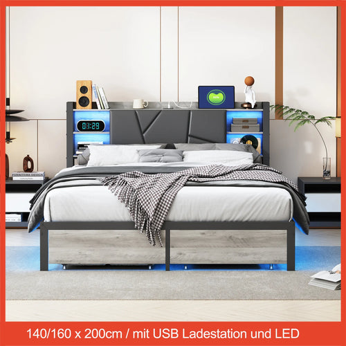 Double Bed with Metal Slatted Base,Platform Bed Frame with LED and 2 Drawers,Headboard with Storage Space,without mattress - vue 2 sur 7