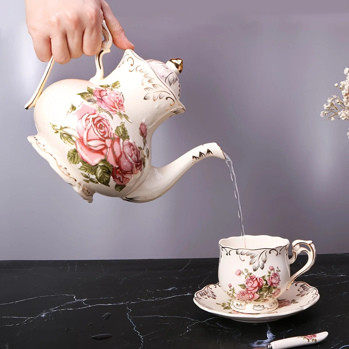 theiere ceramique avec soucoupe style elegant tea time - vue 2 sur 6