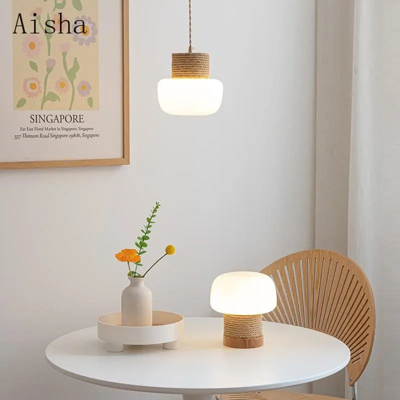 suspension wabi-sabi en verre blanc avec corde de chanvre - vue 3 sur 10