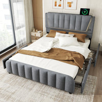 160x200cm, bed with slatted frame (without mattress), bed with four drawers, Adjustable headboard, Linen, Minimalist, Grey