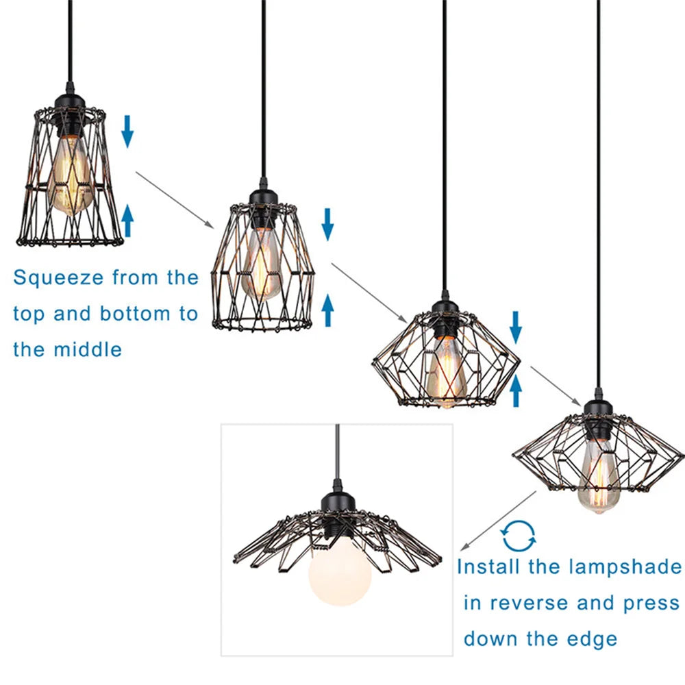 Pendant Light,Industrial Ceiling Pendant Light Fixtures Metal Lampshade,Deformable Geometric Cord Adjustable Folding Cage E27 - vue 5 sur 7
