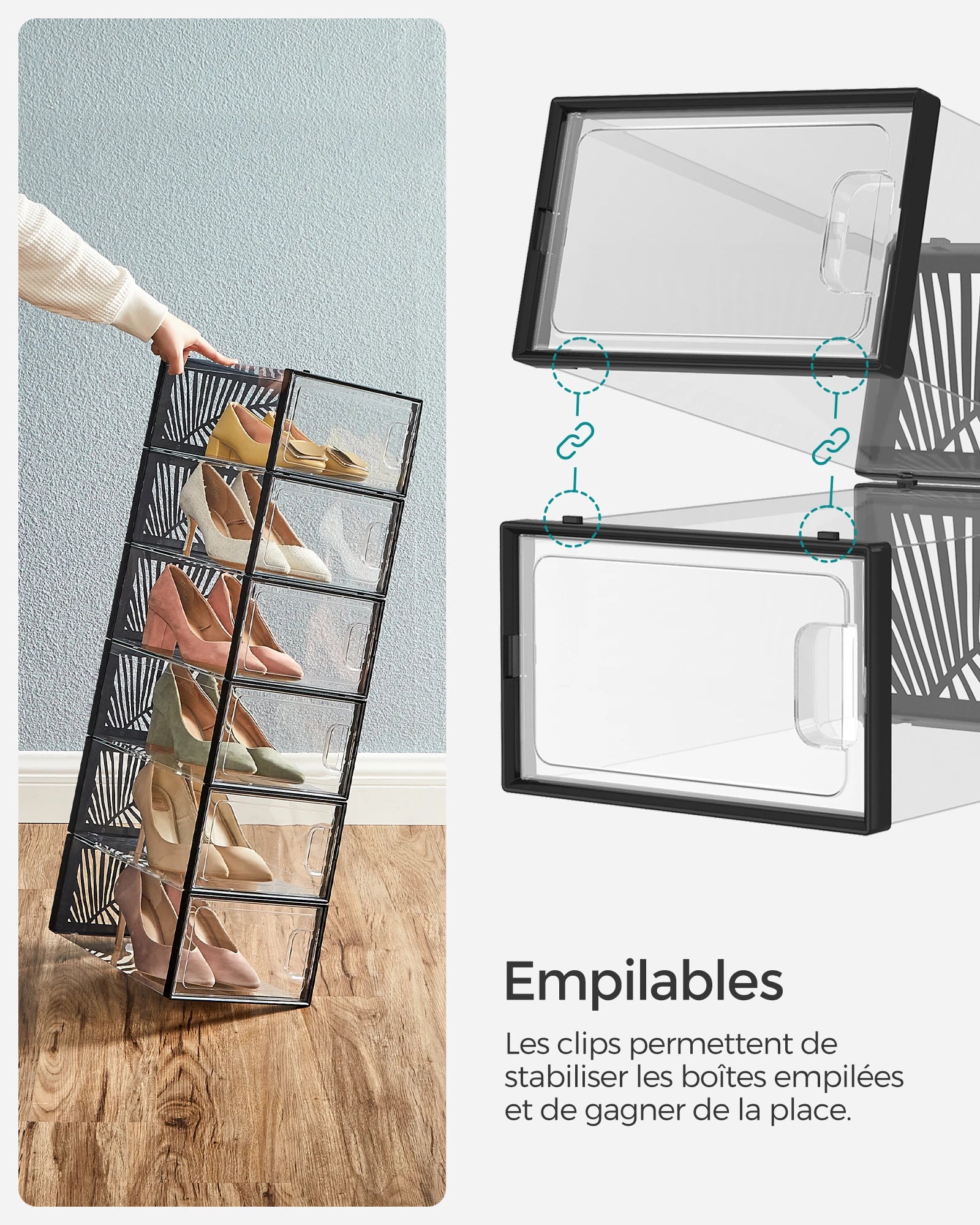 SONGMICS Clear Shoe Boxes, Shoe Storage Organsiers, Stackable, Breathable, and Foldable, Display Trainers, High Heels - vue 3 sur 9