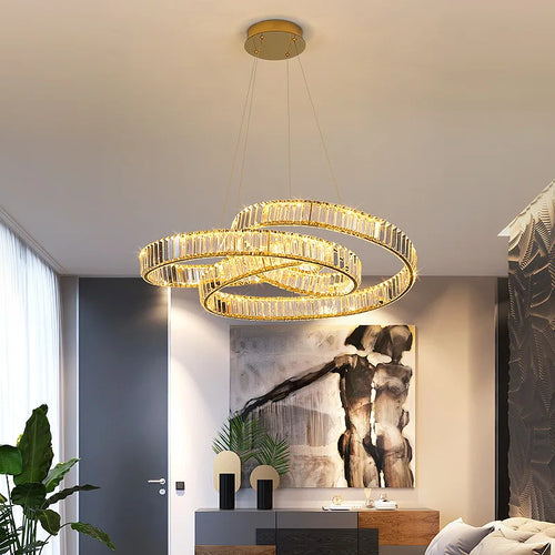 Modern postmodern luxury minimalist nordic crystal LED chandelier for living room or villa, circular ring - vue 3 sur 9