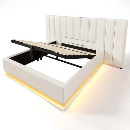 Upholstery bed 180 × 200, double bed storage bed with App Control LED and USB-C charging function, bed rack with slatted frame, PU, White, O - vue 3 sur 6