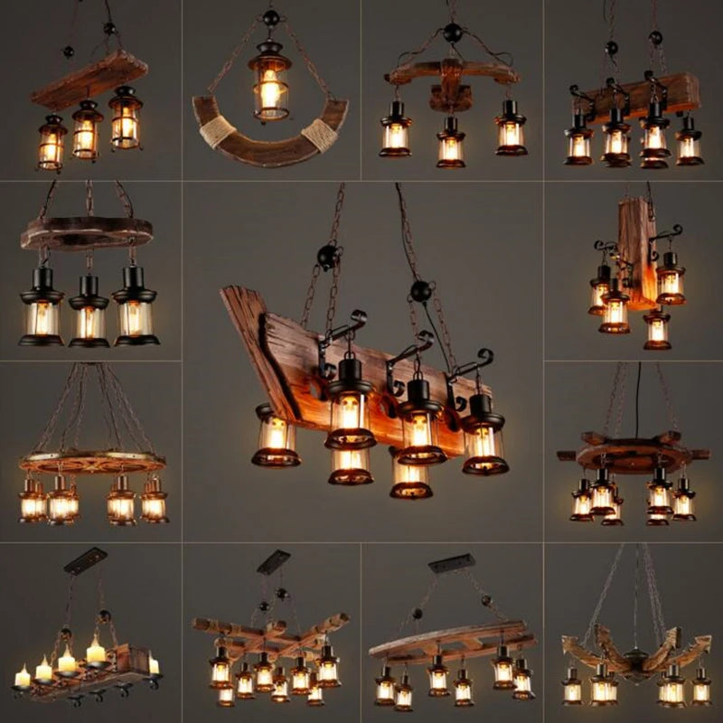 lustre rétro en bois style industriel pour café et restaurant - vue 6 sur 24