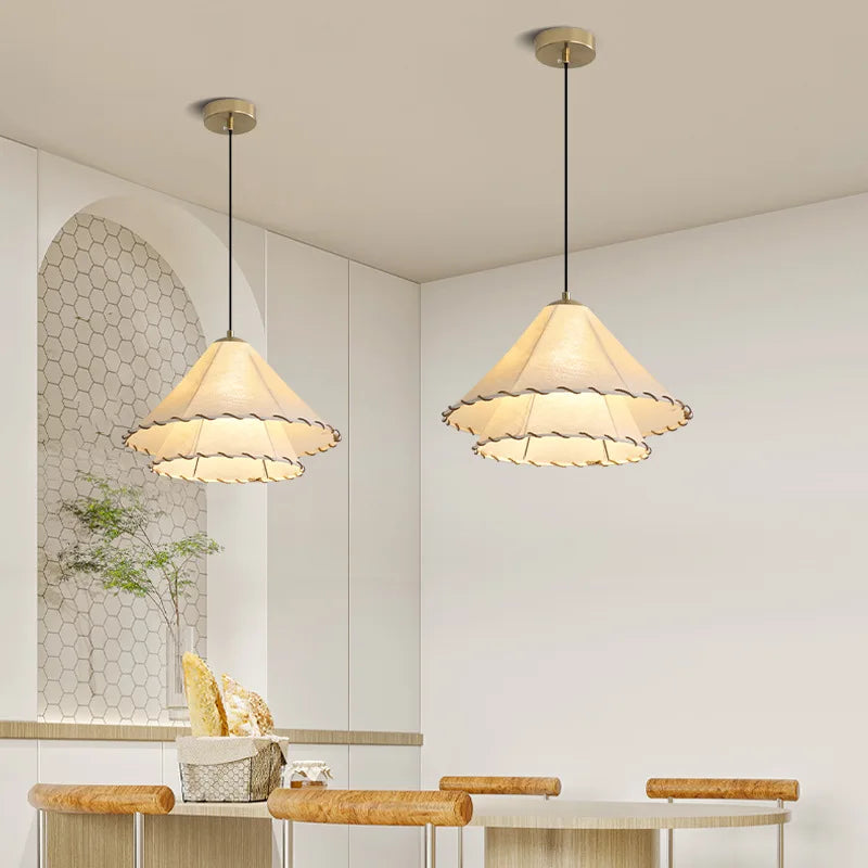 suspension Tissu nordique LED lumière Wabi Sabi pour salon décoration de la maison chambre créative coton lin chapeau - vue 6 sur 9