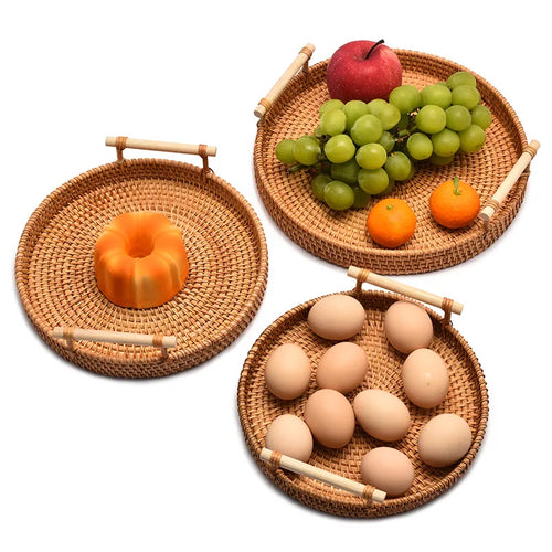 HEMU-Round Rattan Tray, Storage Basket, Tray with Wooden Handle, Bread, Fruit, Cake, Food Plate, Serving Tray for Home Kitchen - vue 3 sur 8