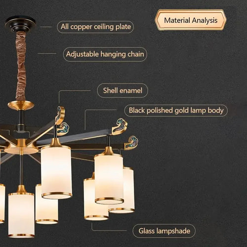 Minimalist Chinese copper chandelier with LED lights luxury décor - vue 7 sur 12