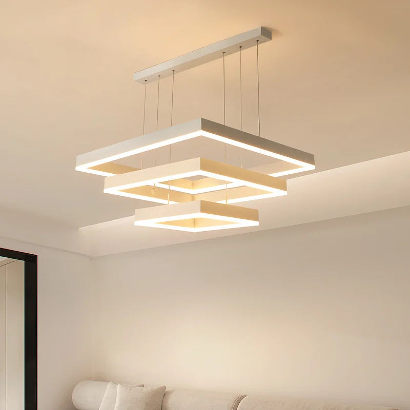 Modern Square LED Chandelier, White Living Restaurant, Kitchen, Bedroom, Rectangular Chandelier, Chandelier - vue 2 sur 11