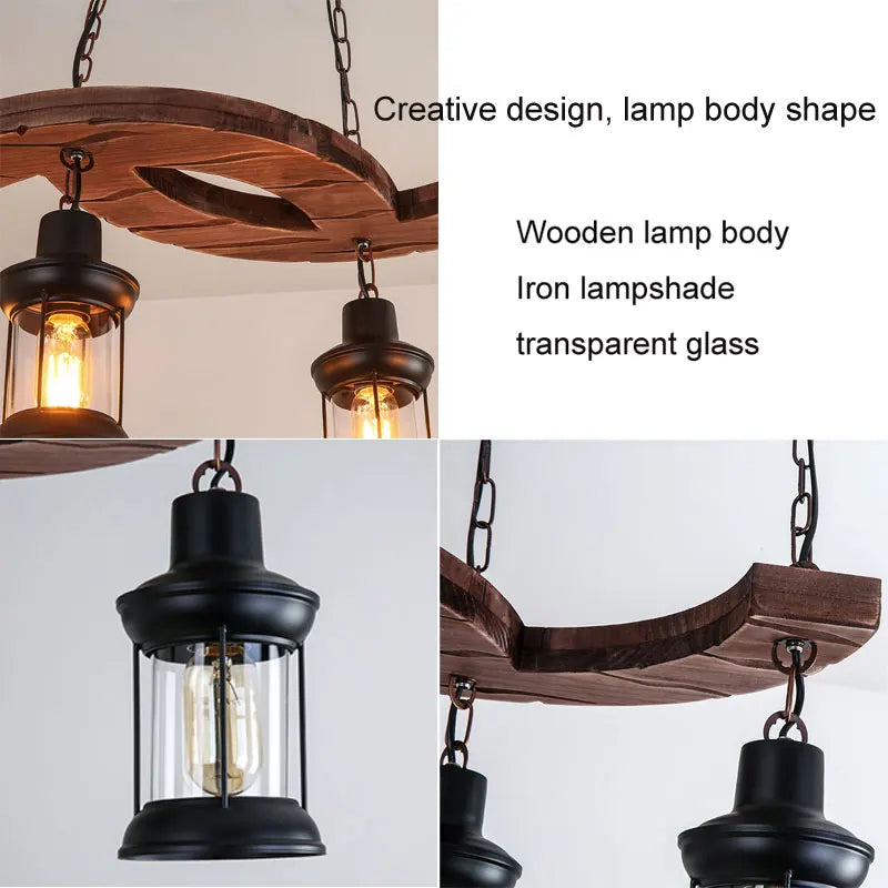 lustre industriel rétro 4 têtes en bois et fer pour café bar loft - vue 7 sur 7