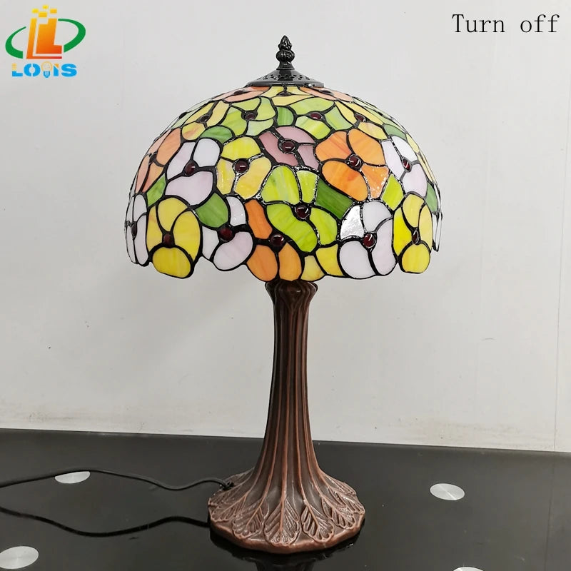 Tiffany style table lamp with decorative coloured glass flower - vue 5 sur 6
