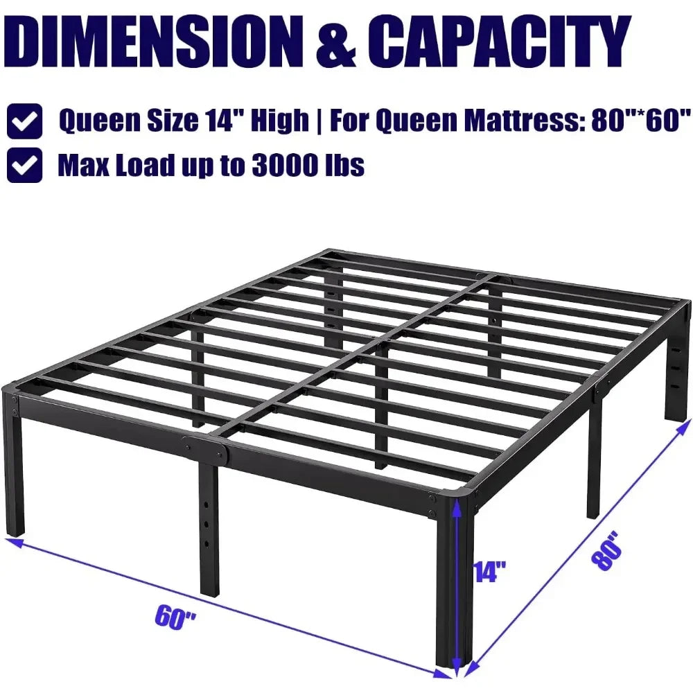 14in High Queen Bed Frame No Box Spring Needed, Heavy Duty Metal Platform Bed Frame Queen Size with Round Corners - vue 3 sur 6