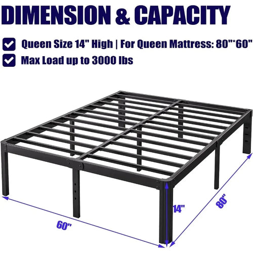 14in High Queen Bed Frame No Box Spring Needed, Heavy Duty Metal Platform Bed Frame Queen Size with Round Corners - vue 4 sur 6