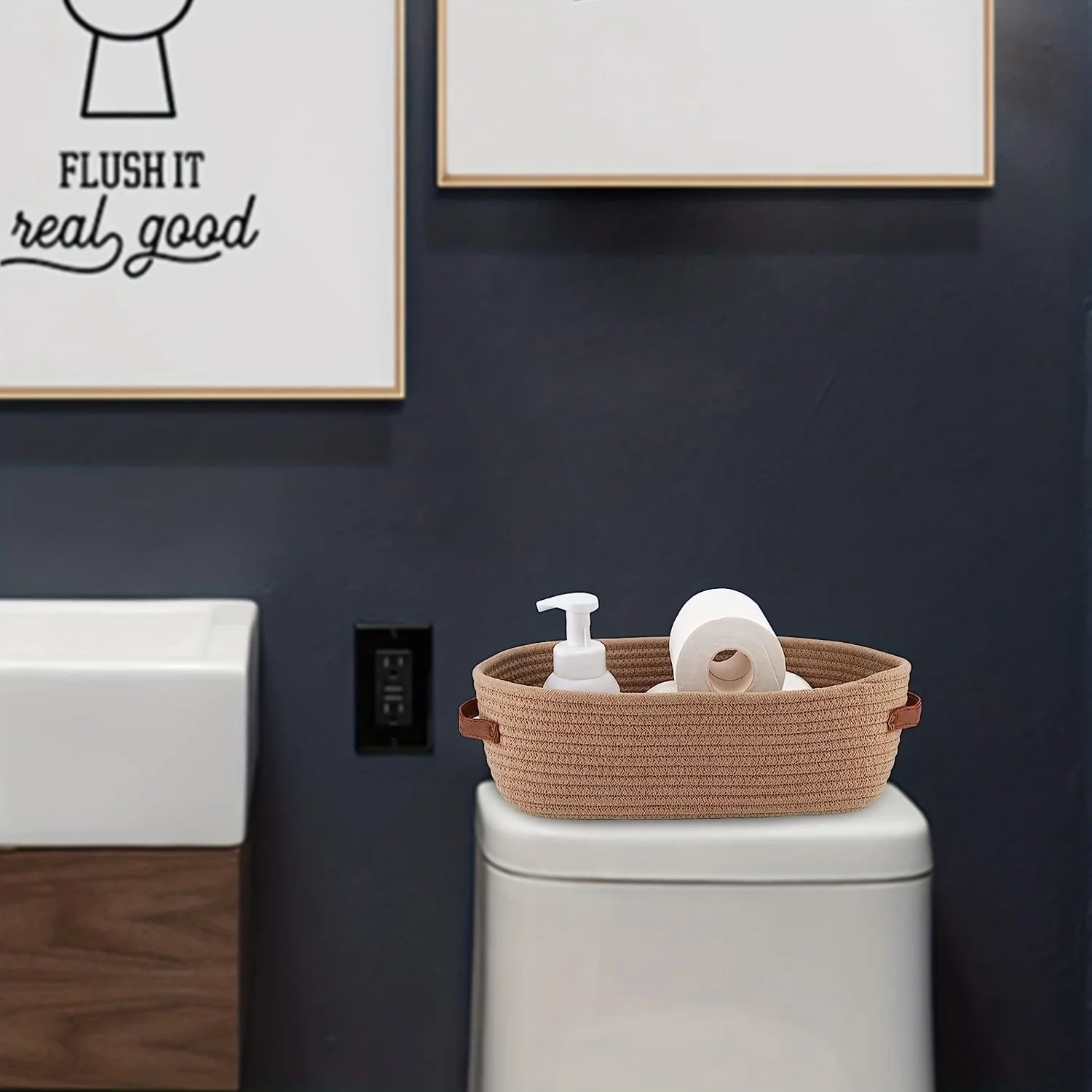 Oval Woven Bathroom Storage Basket, Multifunctional Desktop Organizer, Toilet Paper Holder, Toy Storage Basket - vue 5 sur 7