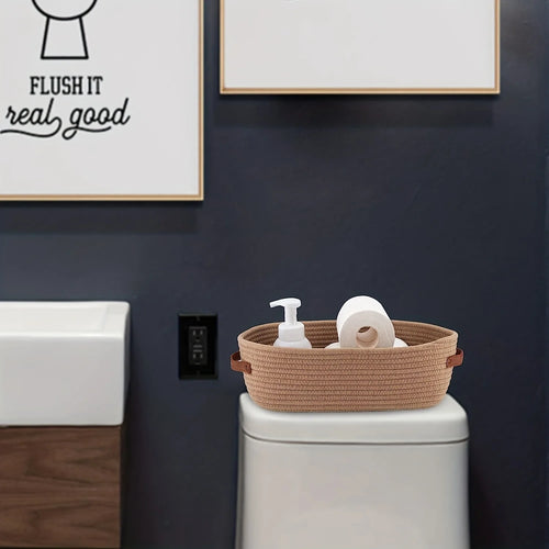 Oval Woven Bathroom Storage Basket, Multifunctional Desktop Organizer, Toilet Paper Holder, Toy Storage Basket - vue 6 sur 7