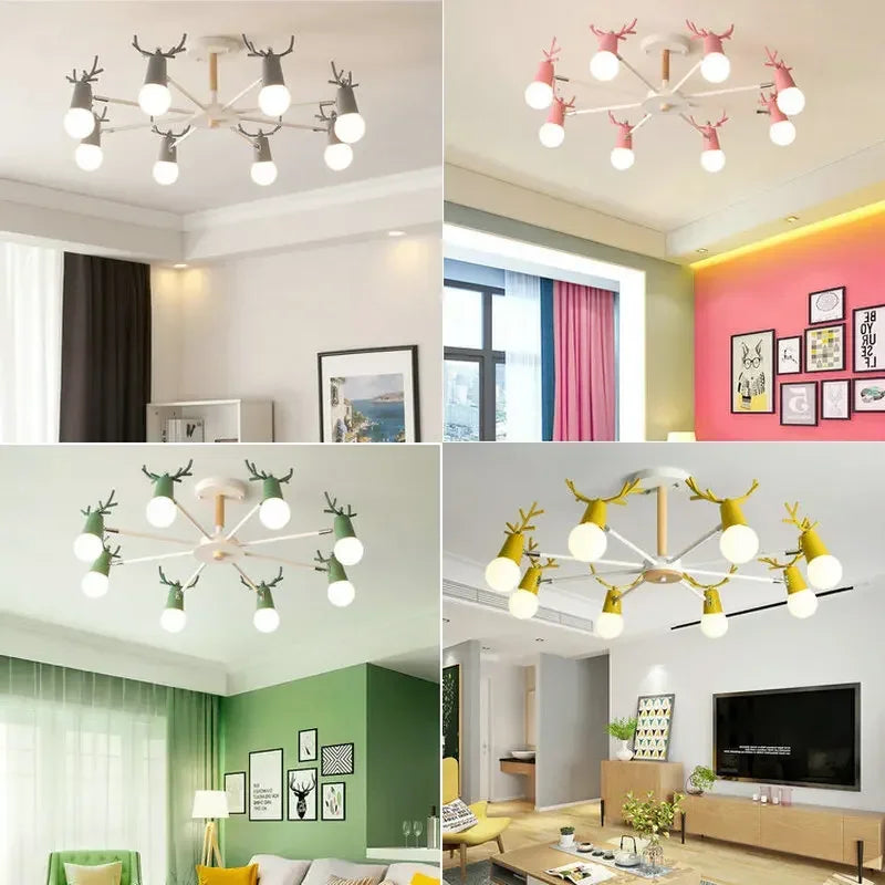 lustre led en fer et bois forme cerf pour décoration intérieure - vue 4 sur 12