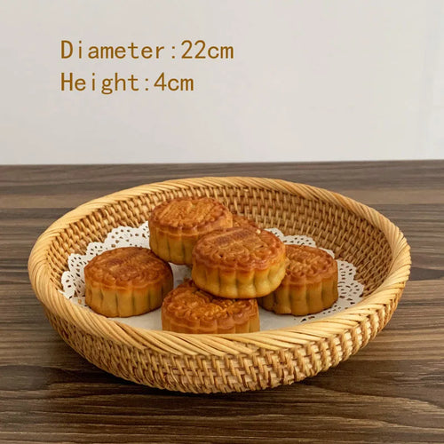 HEMU-Round Rattan Woven Basket, Wicker Fruit Basket, Bread Food, Kitchen Home Decor Organizer - vue 6 sur 12