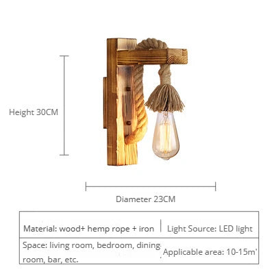Vintage industrial loft wooden wall light with hemp rope - vue 13 sur 17