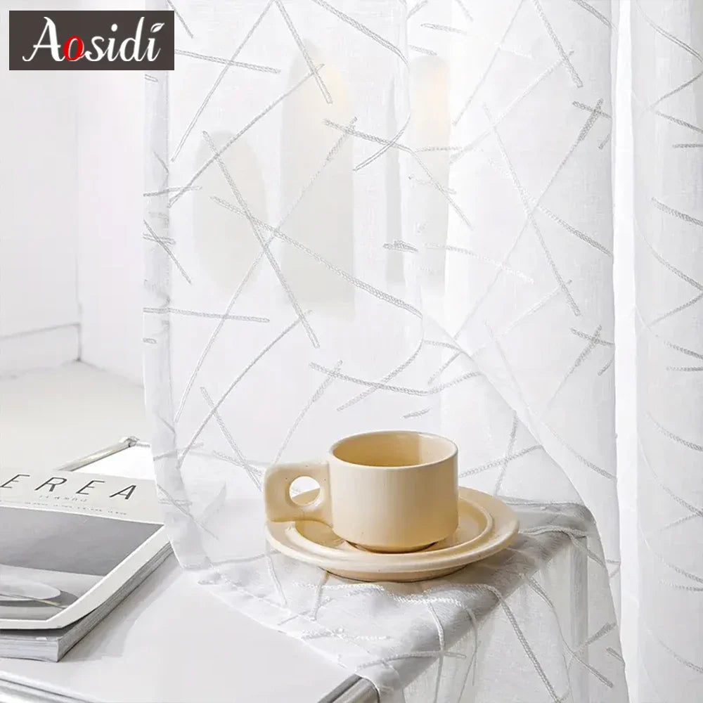 Voilage tulle brodé motifs géométriques rayés salon chambre - vue 5 sur 7