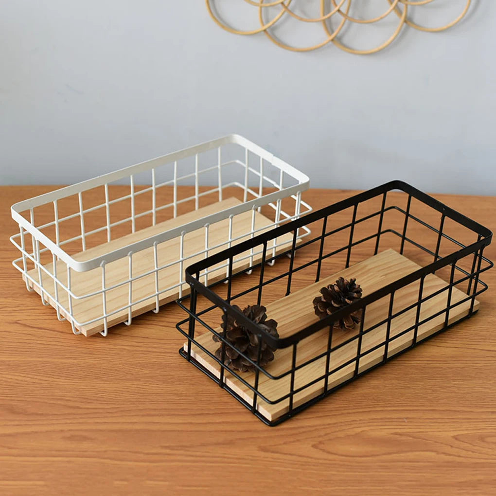 panier de rangement en métal et bois pour cosmétiques