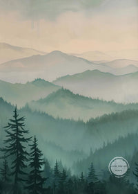 Watercolour poster mountain pine forest landscape wall art