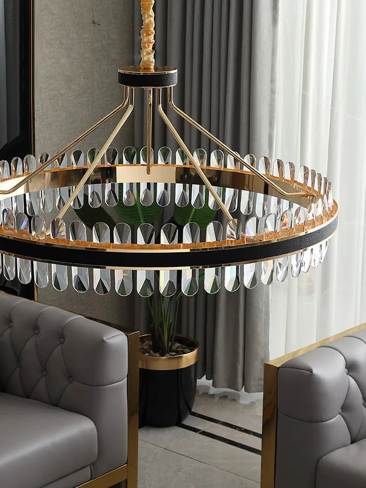 lustre en cuir led cristal luxueux rond suspendu moderne - vue 4 sur 24