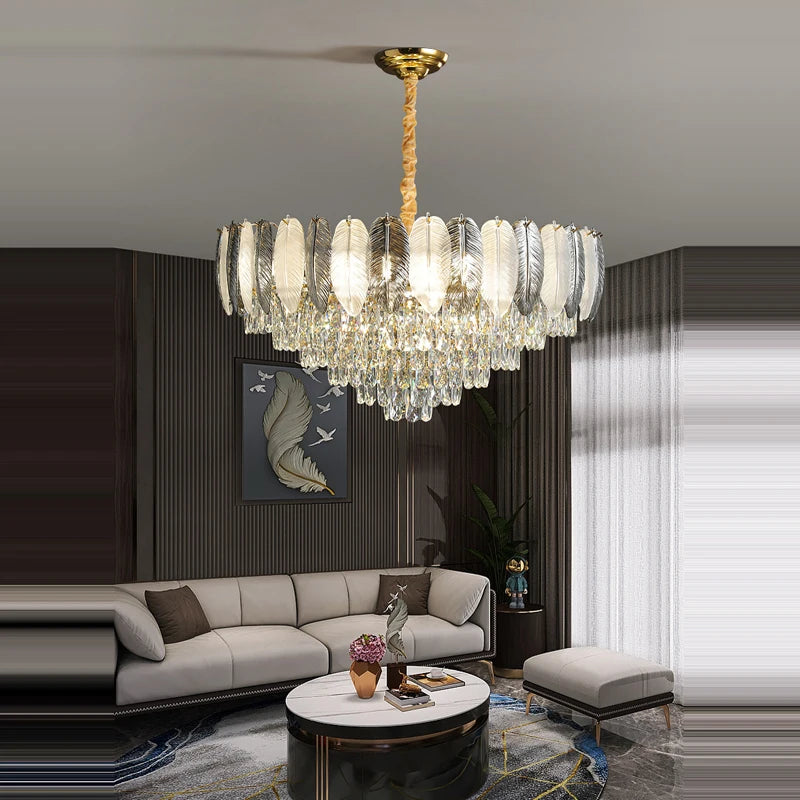 lustre suspendu led art déco avec plumes blanches et grises - vue 6 sur 17