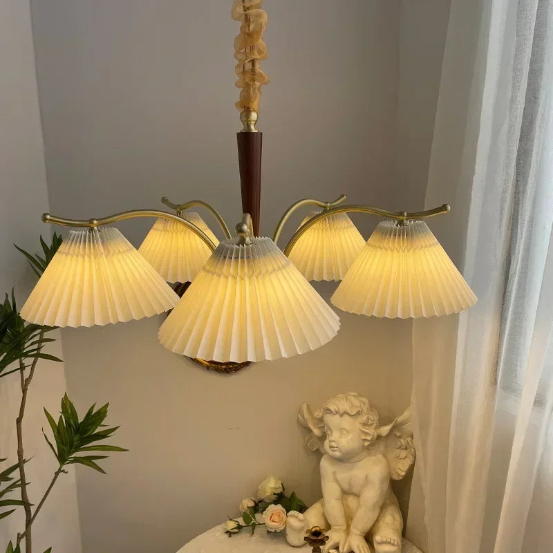 lustre suspendu nordique rétro abat-jour en tissu plissé lampe décorative - vue 4 sur 11