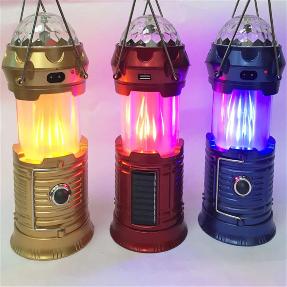 Solar Powered 4-in-1 Flame Waterproof Led Camping Lantern Light& Magic Ball Disco Lamp Flashlight for Tent,Party - vue 4 sur 9