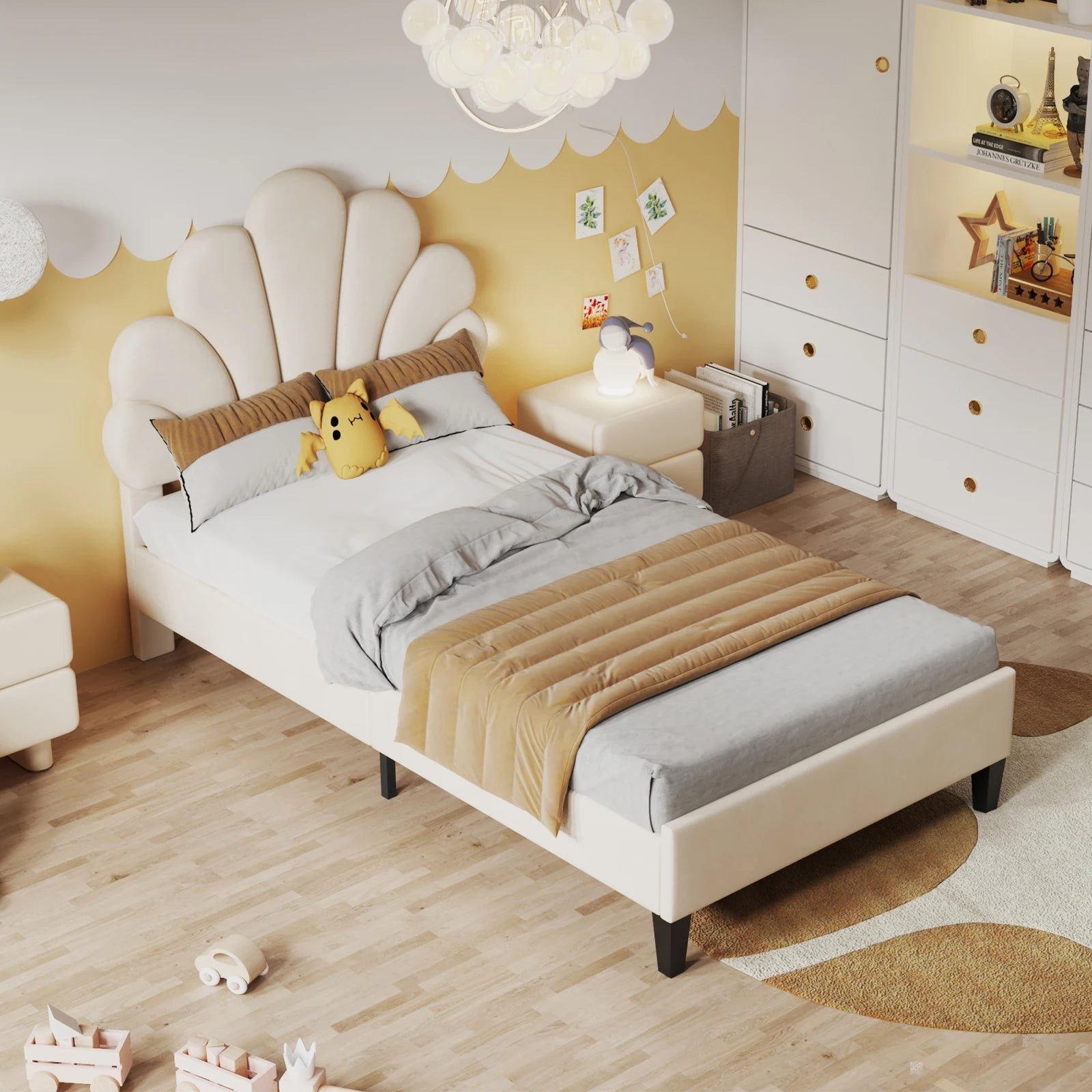 Youth Bed, Upholstered Bed, Skin-friendly Velvet Fabric, With Solid Flower-shaped Headboard and Slatted Frame, 90 x 200 cm - vue 3 sur 8