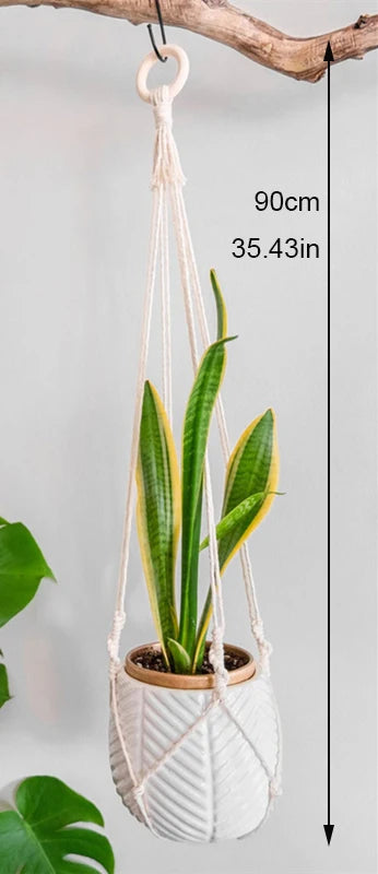 support de plante en macramé suspendu fait main en coton naturel - vue 9 sur 23
