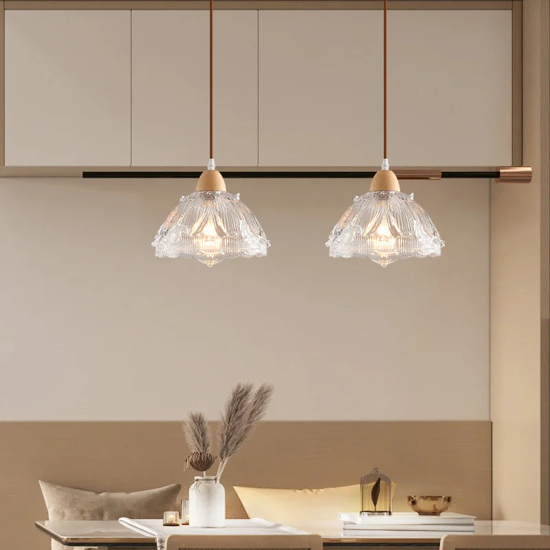 lustre nordique led suspendu moderne en bois et verre - vue 5 sur 13